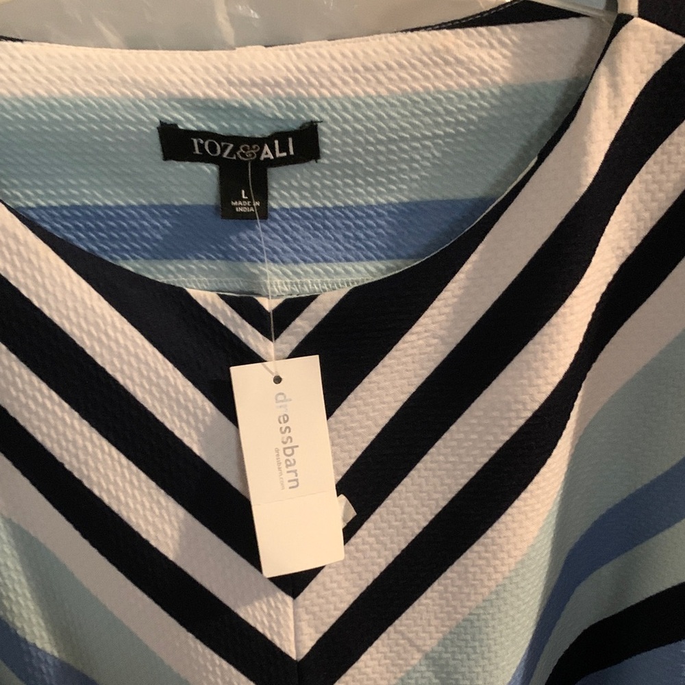 Roz & Ali Chevron V-Neck Top in Navy and Light Blue